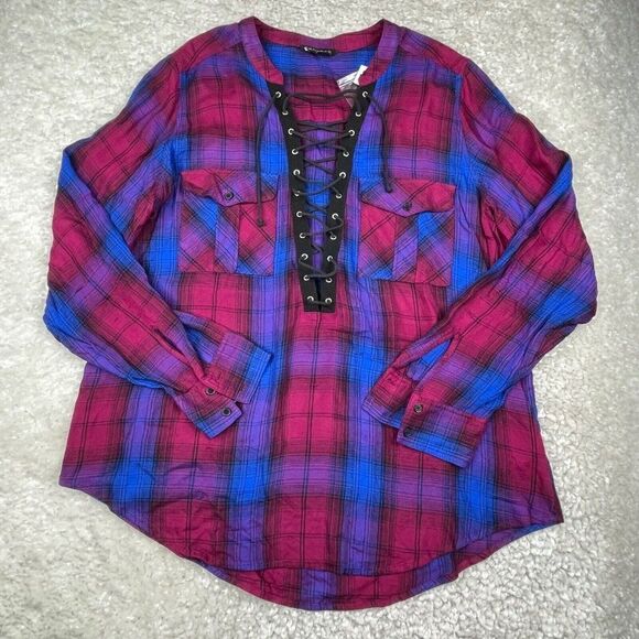 Express Plaid Lace Up Tunic Blouse Blue Pink NEW DEFECT - Picture 2 of 9